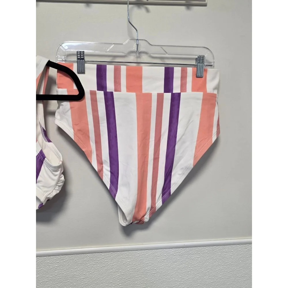 Women's Cupshe White Peach Purple Striped‎ High Waist Bikini Set 0X